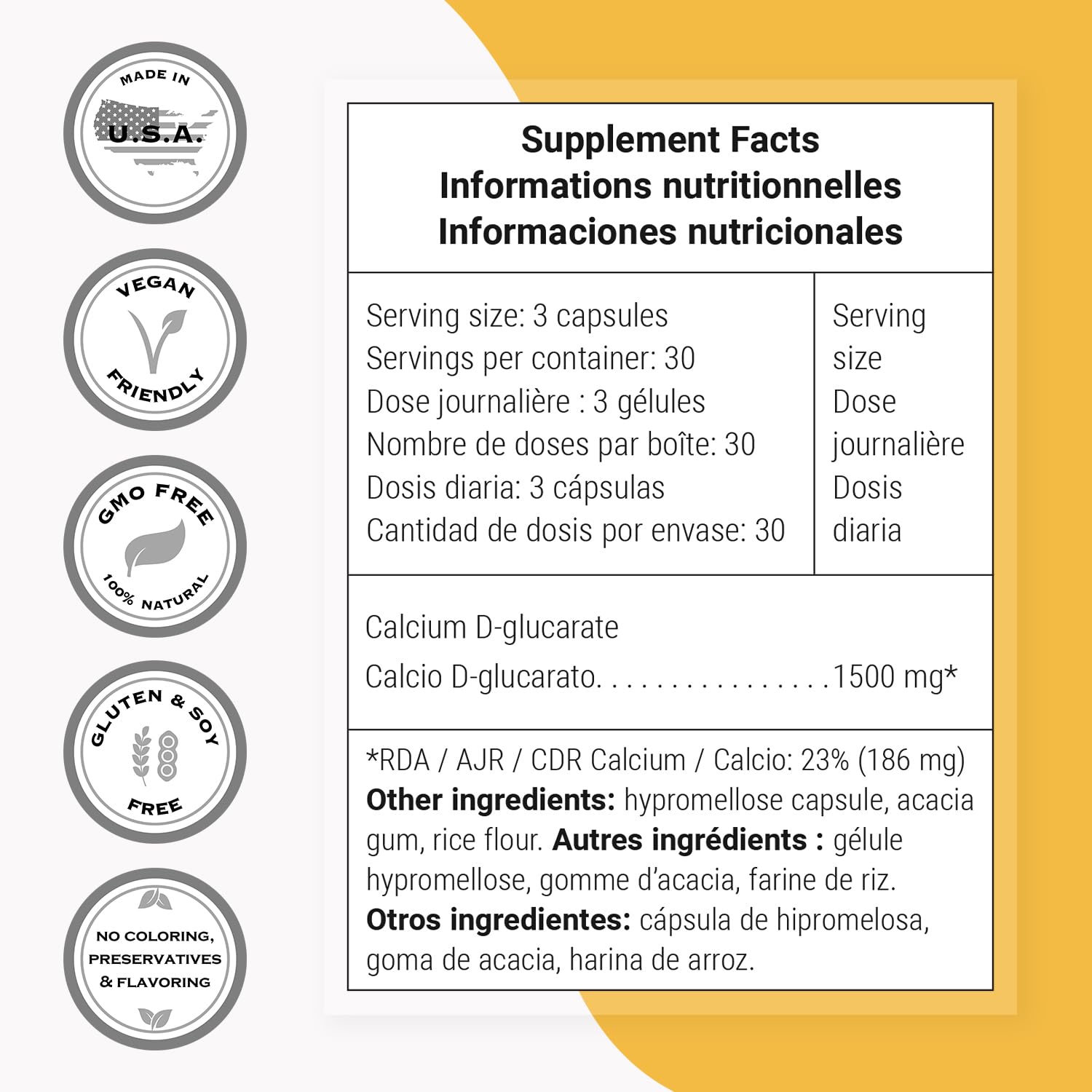 SuperSmart Calcium D-Glucarate 1500mg per Day (High Strength) - Calcium Supplement | Non-GMO & Gluten Free - 90 Vegetarian Capsules - Image 4