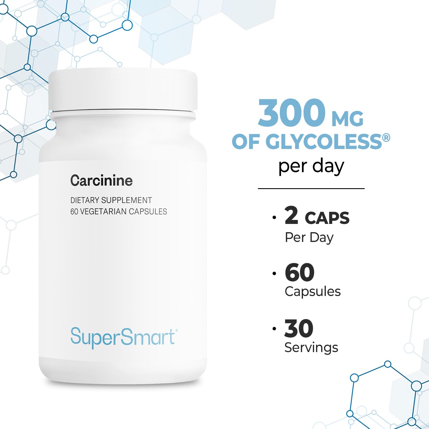 Supersmart - Carcinine 300mg per Day (Patented) - Stable L-Carnosine Supplement | Non-GMO & Gluten Free - 60 Vegetarian Capsules - Image 5