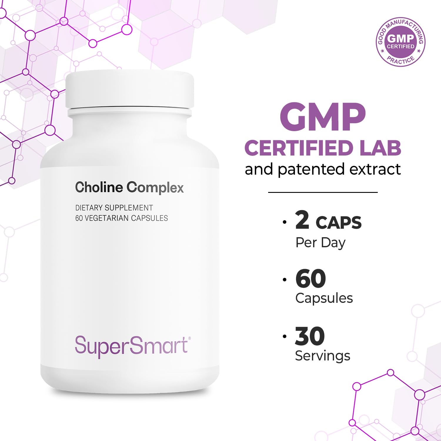 Supersmart - Choline Complex (Patented & High Strength) - with Choline Bitartrate, GPC Choline & CDP Choline - High Potency Choline Supplements | Non-GMO & Gluten Free - 60 Vegetarian Capsules - Image 5