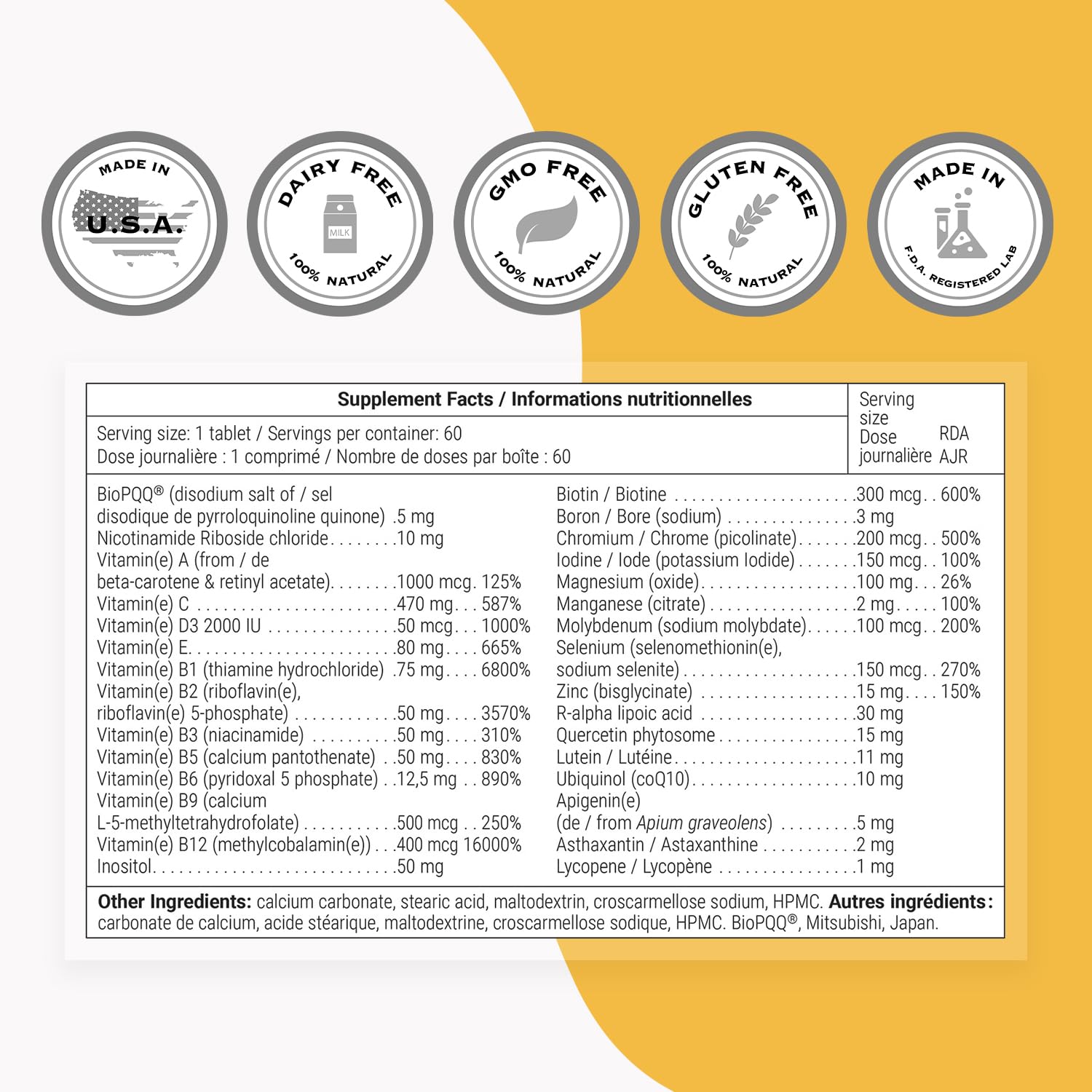 Supersmart - Daily 1® Timed Release - Multivitamin Supplement for Women & Men - with BioPQQ®, Vitamin A, B, C, D & E, Biotin, Quercetin & Fisetin | Made in USA | Non-GMO & Gluten Free - 60 Tablets - Image 4