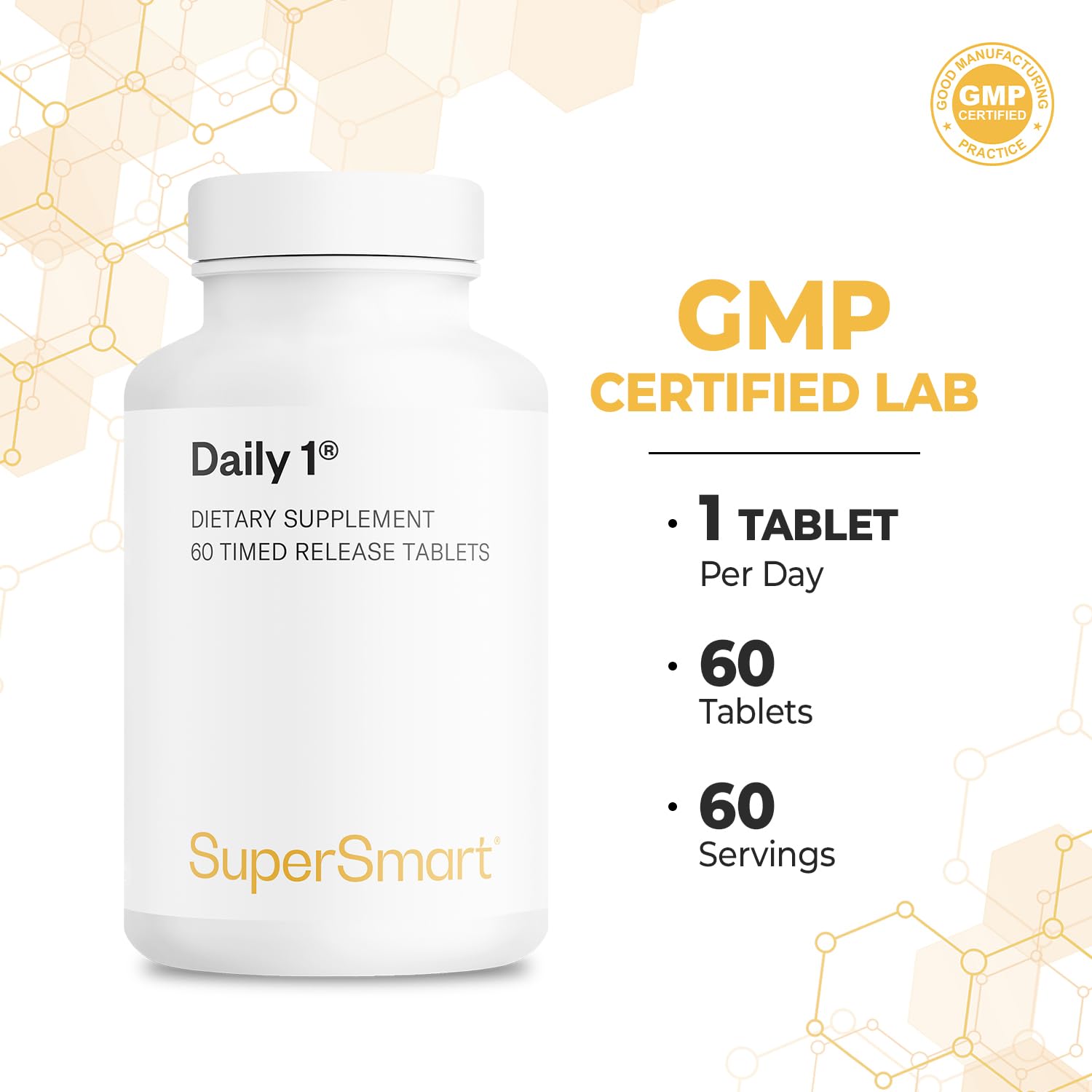 Supersmart - Daily 1® Timed Release - Multivitamin Supplement for Women & Men - with BioPQQ®, Vitamin A, B, C, D & E, Biotin, Quercetin & Fisetin | Made in USA | Non-GMO & Gluten Free - 60 Tablets - Image 5