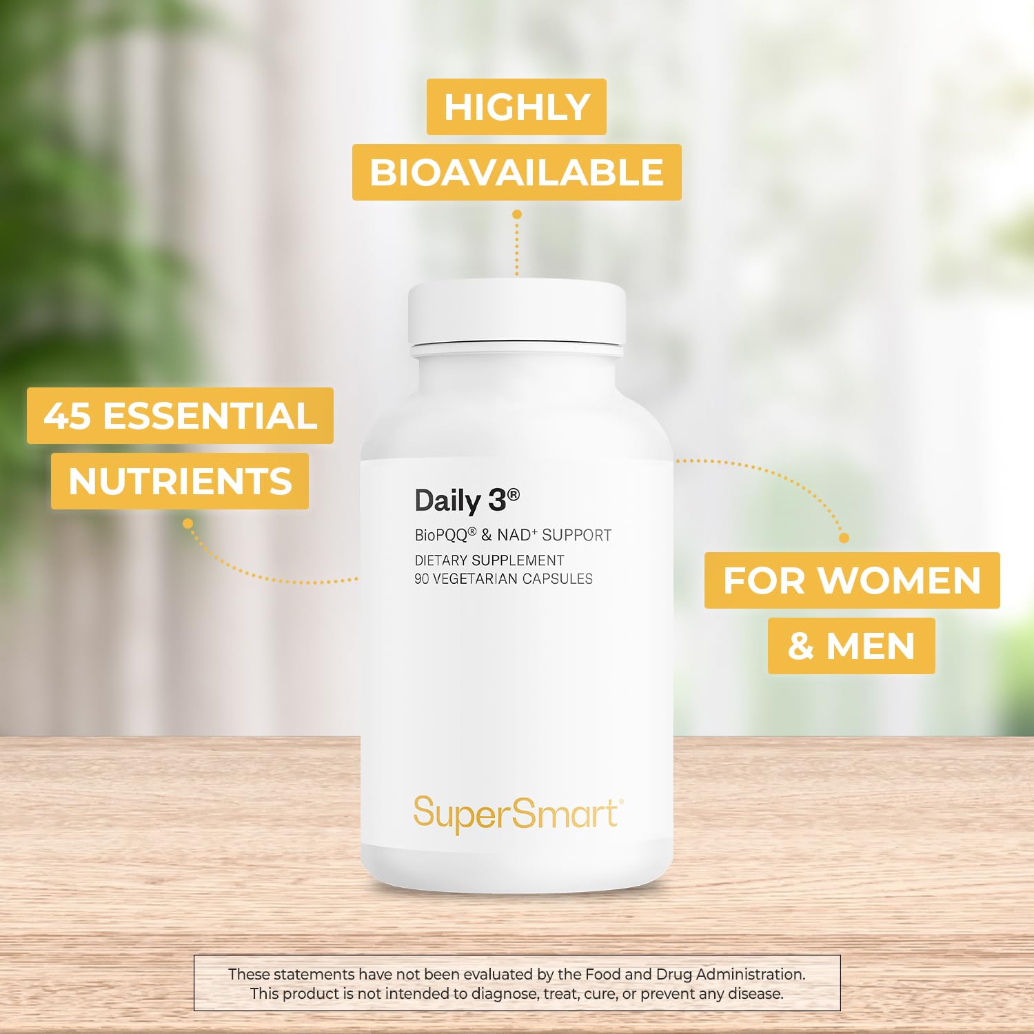 Supersmart Daily3 + Bio PQQ (All-in-One Formula) - Multivitamin for Women and Men - 45 Essential Nutrients | Non-GMO & Gluten-Free | 1 Month Supply - 90 Vegetarian Capsules - Image 3