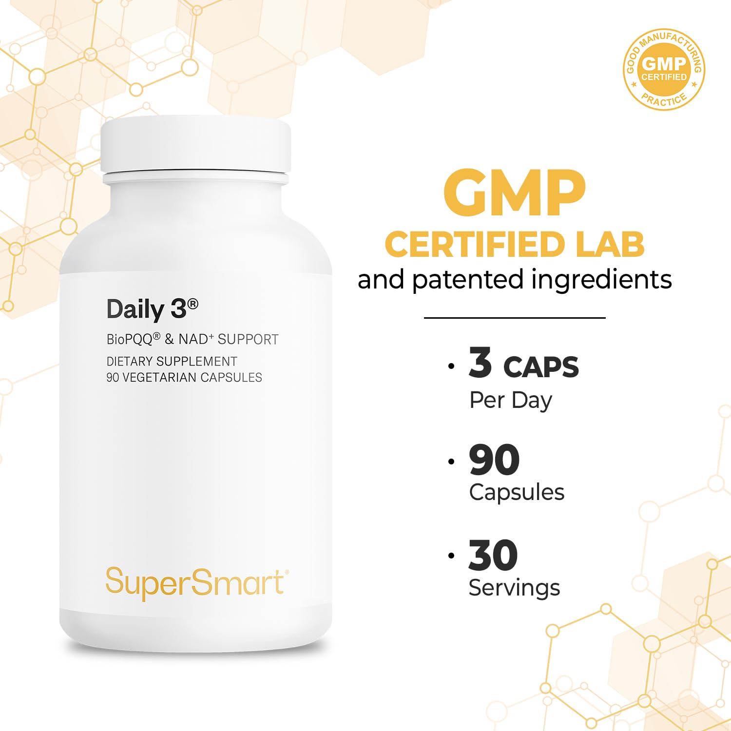 Supersmart Daily3 + Bio PQQ (All-in-One Formula) - Multivitamin for Women and Men - 45 Essential Nutrients | Non-GMO & Gluten-Free | 1 Month Supply - 90 Vegetarian Capsules - Image 5