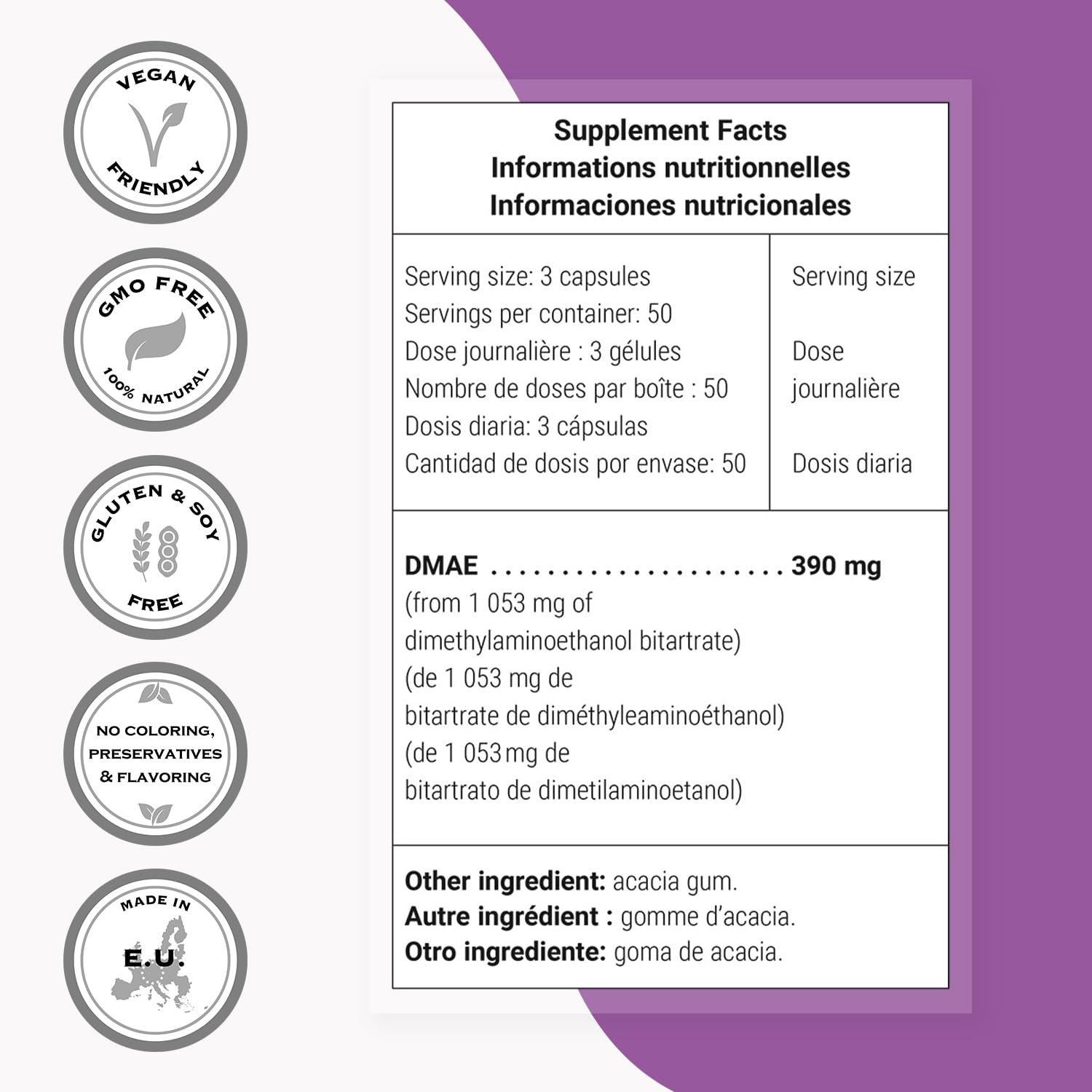 Supersmart - DMAE Supplement 390mg per Day (Dimethylaminoethanol) - from DMAE Bitartrate - Choline Production | Non-GMO & Gluten Free - 150 Vegetarian Capsules - Image 4