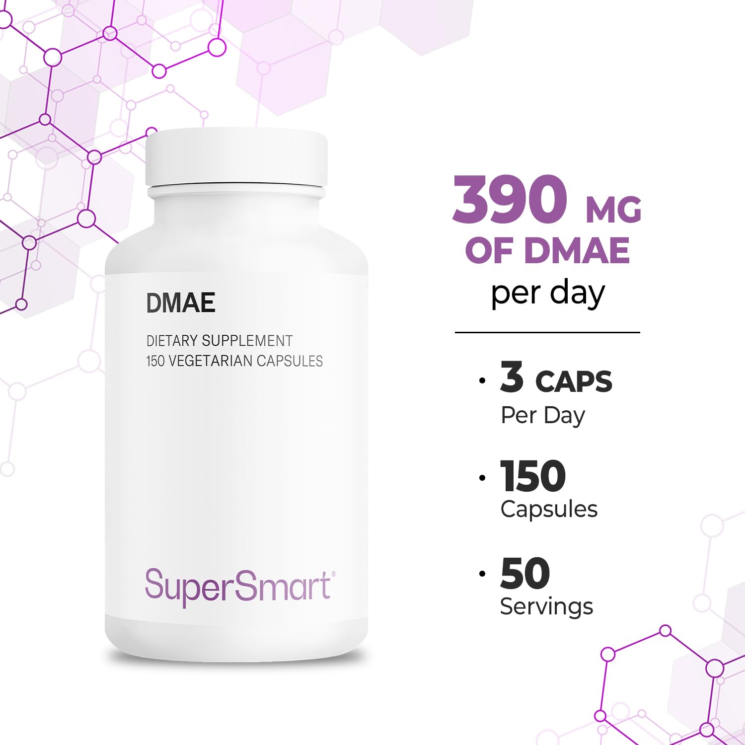 Supersmart - DMAE Supplement 390mg per Day (Dimethylaminoethanol) - from DMAE Bitartrate - Choline Production | Non-GMO & Gluten Free - 150 Vegetarian Capsules - Image 5