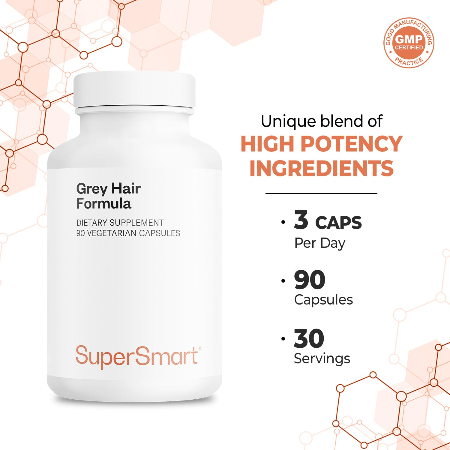 Supersmart Grey Hair Formula (Advanced Formula) - with Catalase, Copper, Biotin, Fo-Ti, Zinc, Saw Palmetto - Anti Gray Hair Supplement | Non-GMO & Gluten Free - 90 Vegetarian Capsules - Image 5