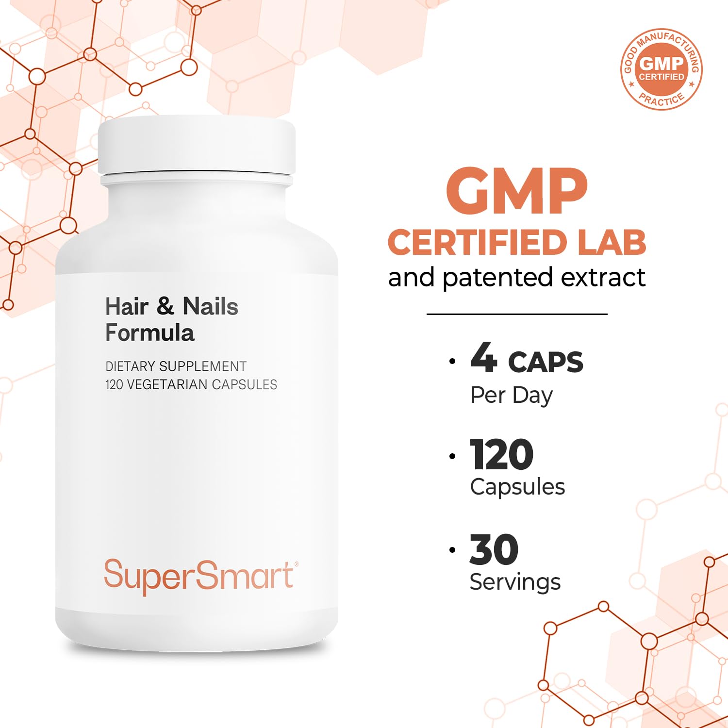 Supersmart - Hair & Nails Formula - Patented Solubilized Keratine Supplement - with Biotin, Bamboo Extract, MSM, Cynatine HNS Keratin | Non-GMO & Gluten Free - 120 Vegetarian Capsules - Image 5