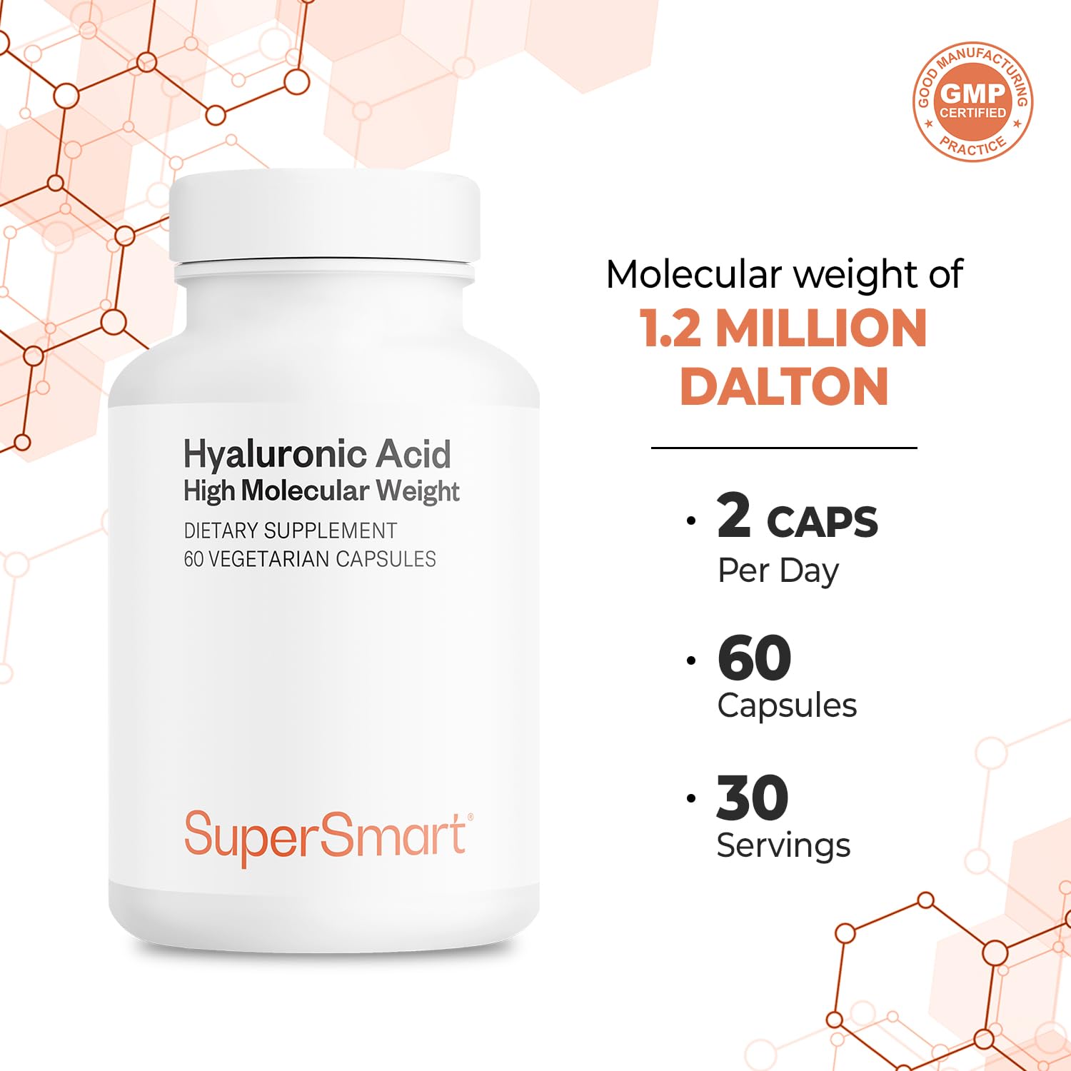 Supersmart Hyaluronic Acid Supplement 300mg per Day (Sodium Hyaluronate) - High Molecular Weight 1.2 Million Daltons | Non-GMO & Gluten Free - 60 Vegetarian Capsules - Image 5
