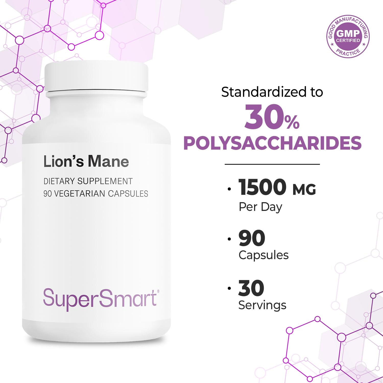 Supersmart - Lion's Mane 1500mg per Day (High Strength) - 30% Polysaccharides - Lion's Mane Extract 8:1 - Hericium Erinaceus Mushroom Supplement | Non-GMO & Gluten Free - 90 Vegetarian Capsules - Image 5