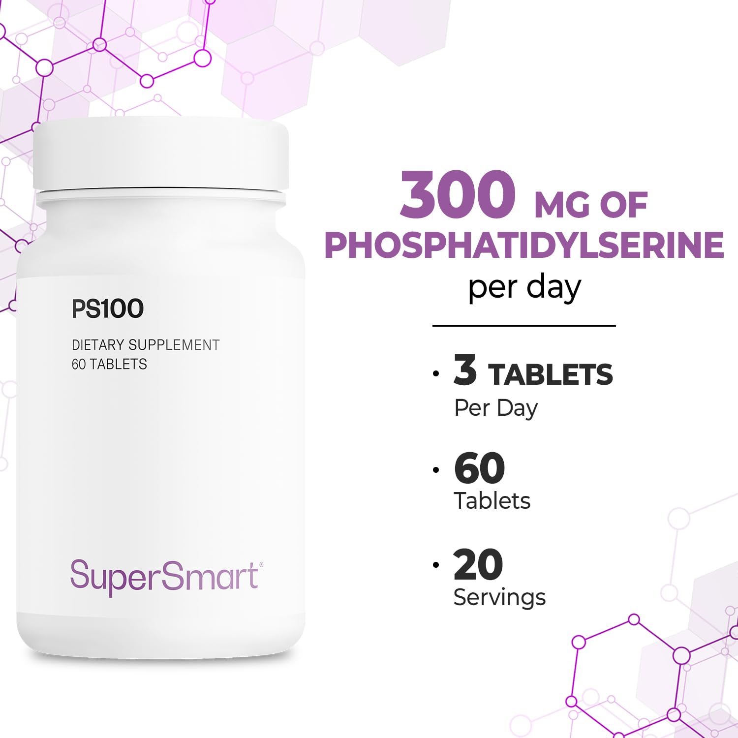 Supersmart - PS100 Supplement 300mg per Day (Phosphatidylserine) - Brain Health & Protect - Memory Support | Non-GMO & Gluten Free - 60 Tablets - Image 5