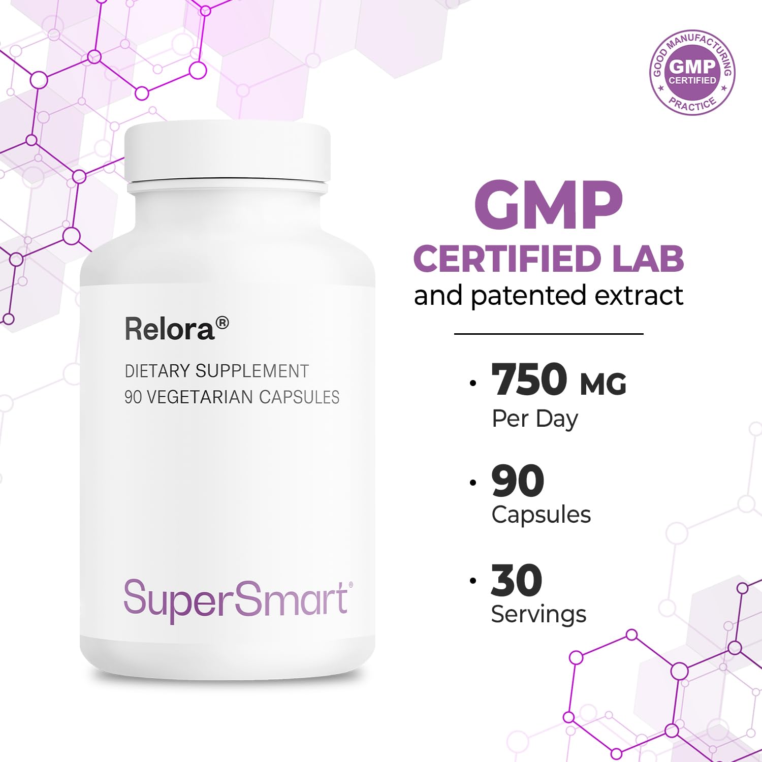 SuperSmart Relora 750mg per Day - Magnolia Officinalis & Phellodendron Amurense Extract Supplement | Non-GMO & Gluten Free - 90 Vegetarian Capsules - Image 6