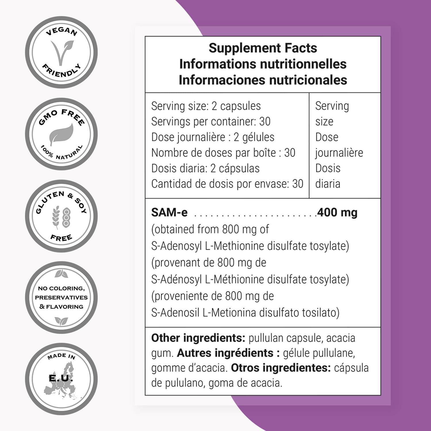 Supersmart SAM-e 200mg (80% Active Isomer S,S) - Advanced S-Adenosyl Methionine SAM-e Supplement | Non-GMO & Gluten Free - 60 DR Capsules - Image 4