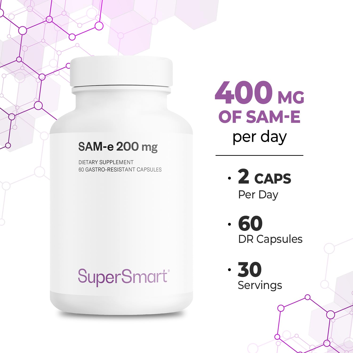 Supersmart SAM-e 200mg (80% Active Isomer S,S) - Advanced S-Adenosyl Methionine SAM-e Supplement | Non-GMO & Gluten Free - 60 DR Capsules - Image 5