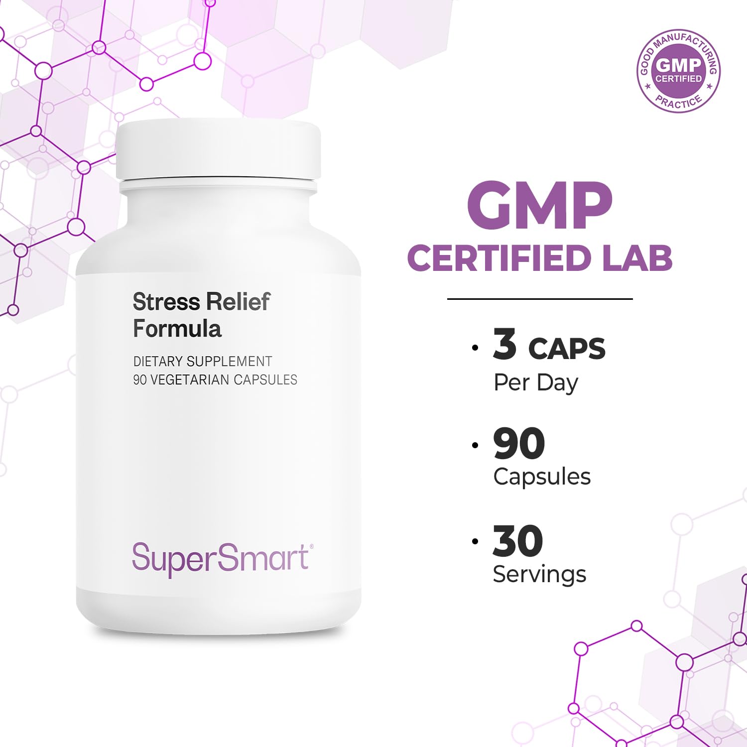 SuperSmart - Stress Relief Formula (All-in-1) - 100% Natural Supplement - with Passion Flower, Polygala Tenuifolia | Non-GMO & Gluten Free - 90 Vegetarian Capsules - Image 5