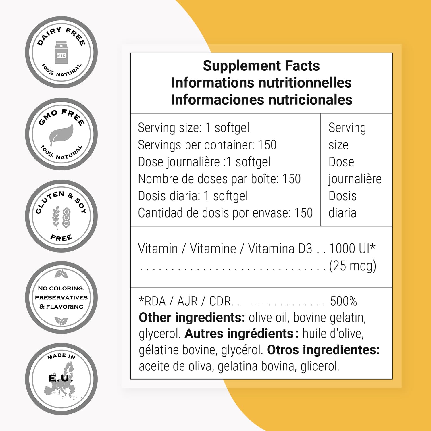 Supersmart - Vitamin D3 1000 IU Per Day - Vitamins for Strengthen Bones - Cells Protector | Non-GMO & Gluten Free - 150 Softgels - Image 4