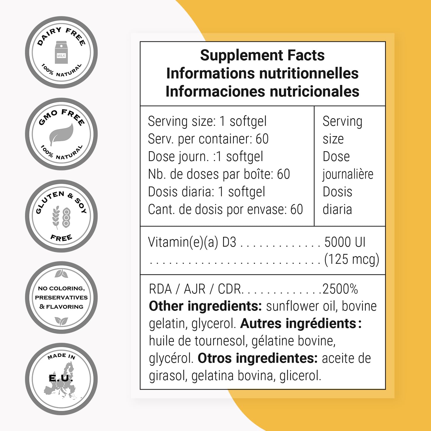 Supersmart - Vitamin D3 5000 IU per Day (125mcg) - High Potency & Bioavailability - with Sunflower Oil | Non-GMO & Gluten Free - 60 Softgels - Image 4