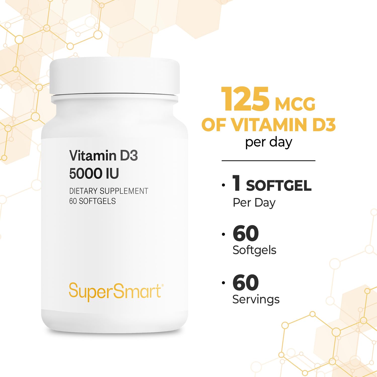 Supersmart - Vitamin D3 5000 IU per Day (125mcg) - High Potency & Bioavailability - with Sunflower Oil | Non-GMO & Gluten Free - 60 Softgels - Image 5