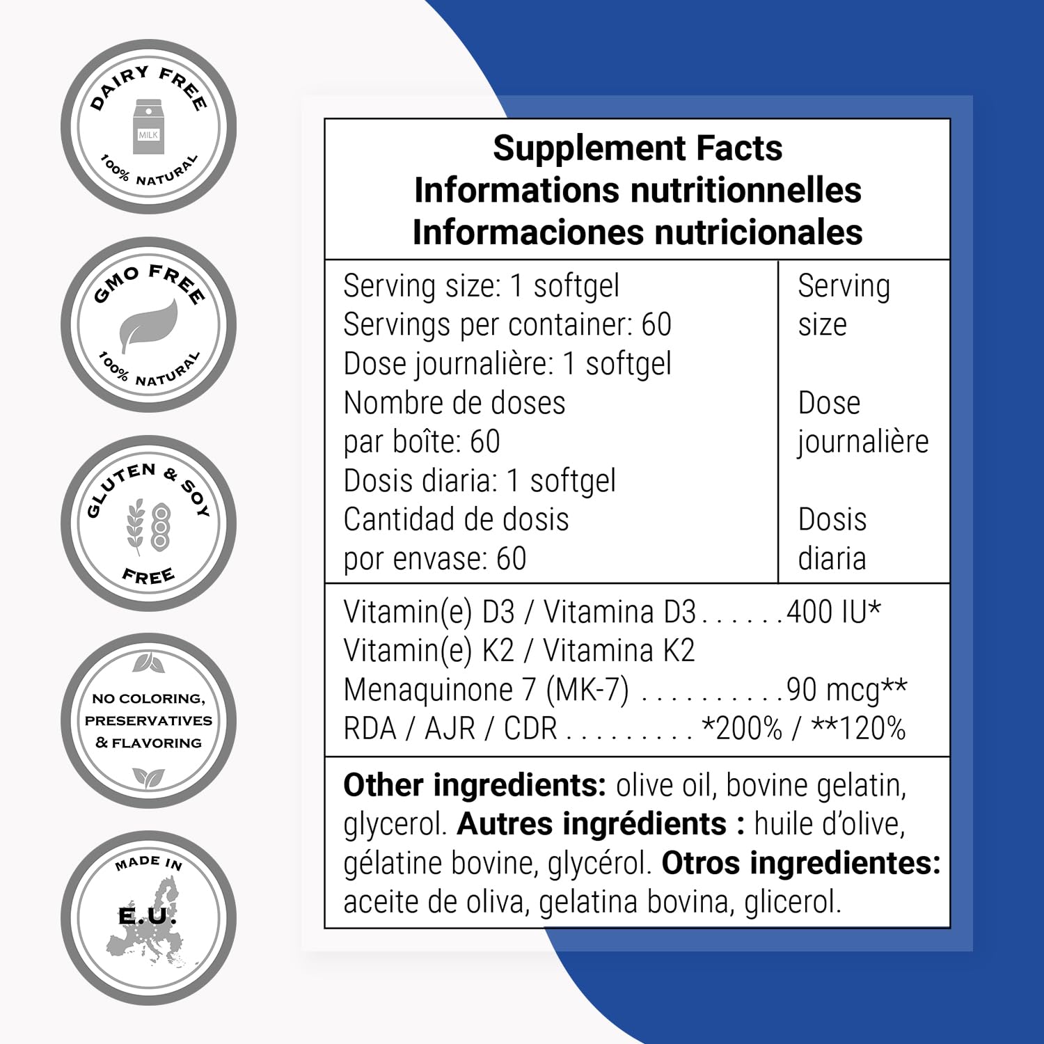 Supersmart - Vitamin K2 MK7 + Vitamin D3 90mcg per Day (High Bioavailability) - Menaquinone Supplement - Vitamin D & K Complex | Non-GMO & Gluten Free - 60 Softgels - Image 4